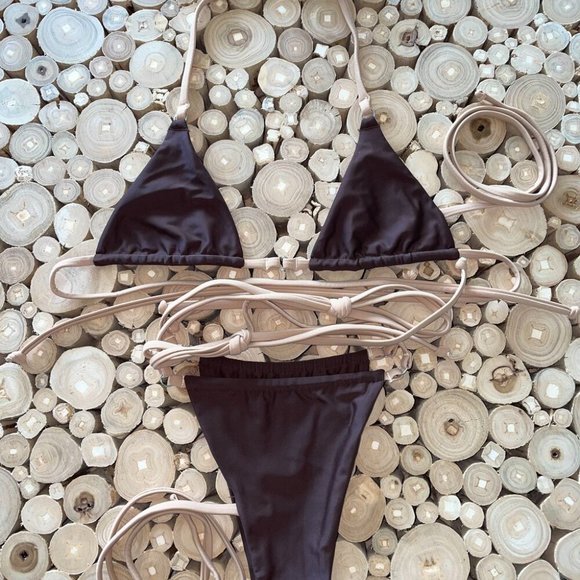 Coffee Strappy Bikini with Nude Ties SET - Picture 7 of 9